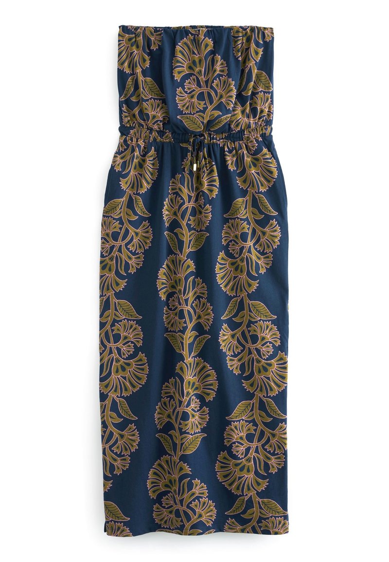 Robe maxi en bleu foncé avec un motif floral doré et vert olive. Dotée d'un haut élastiqué et d'une taille à cordon de serrage, elle est fabriquée dans un tissu doux.