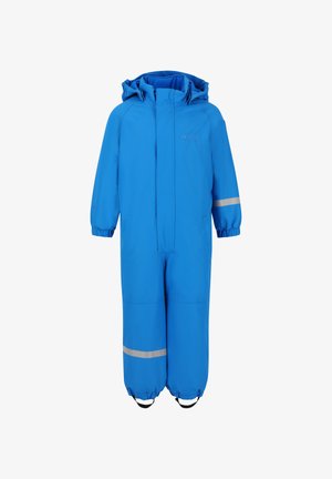 Blauer wasserdichter Overall mit Kapuze, elastischen Bündchen und einem reflektierenden Streifen an den Beinen. Weiche Textur und lockerer Schnitt für Komfort.