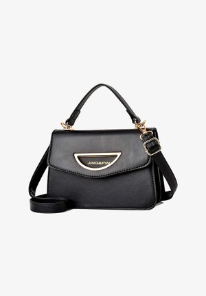 Black synthetic leather handbag with a structured design, gold-tone hardware, and a logo plate on the front. Features a top handle and removable strap.