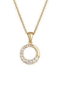 Collana in tonalità oro con un pendente circolare decorato con pietre trasparenti, con una finitura liscia e una catena testurizzata.