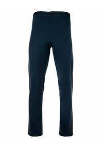 Marineblauwe broek met elastische tailleband en een recht gesneden ontwerp, gemaakt van een zachte, rekbare stof, zonder zichtbare zakken of versieringen.