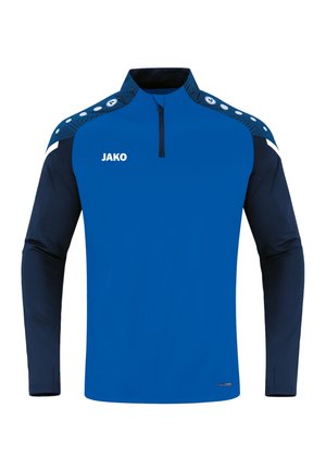 Blauw sportshirt met lange mouwen en hoge kraag, rits, marineblauwe mouwen en witte accenten; voorzien van het "JAKO"-logo op de voorkant.