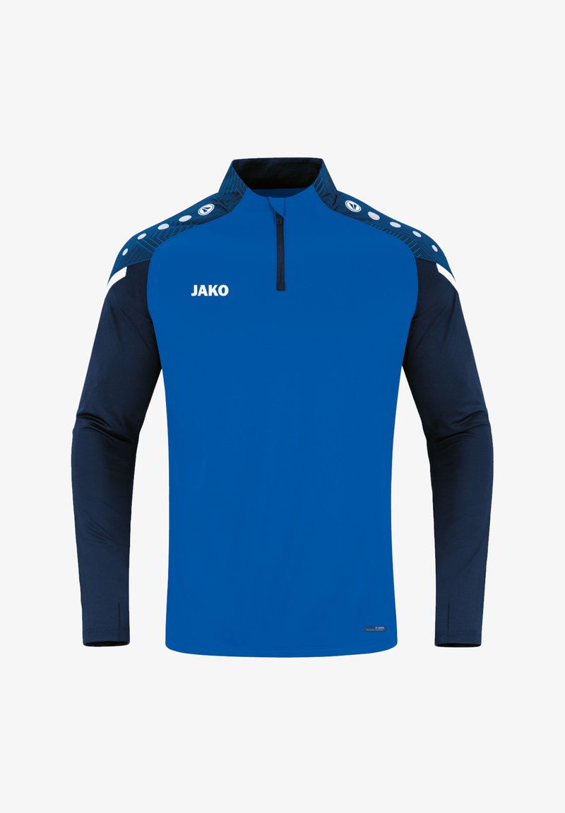 Blaues langärmeliges Sportshirt mit hohem Kragen, Reißverschluss, dunkelblauen Ärmeln und weißen Akzenten; mit "JAKO"-Logo auf der Vorderseite.