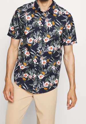 Kurzärmliges Hemd in Marineblau mit Blumenmuster; enthält rote, weiße und orangefarbene Blumen sowie grüne Blätter; leichtes Material.