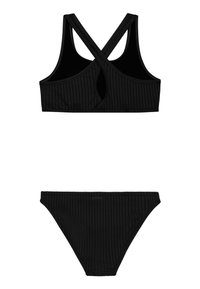 Crni bikini set s rebrastom teksturom, topom s racer leđima i detaljem urezivanja, te pripadajućim donjim dijelom s niskim strukom.
