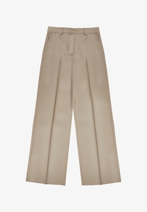 Beige wijde pijpen broek van een gladde stof, met een geplooide voorkant, riemlussen en een op maat gemaakte ontwer.