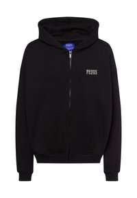 Zwarte rits hoodie gemaakt van zacht katoen. Beschikt over een ruime voorzak, ribgebreide boorden en het "PEQUS" logo in het wit op de borst.