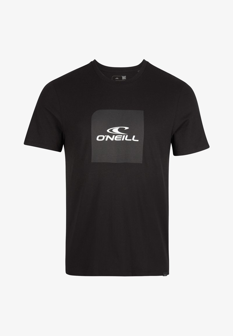 Black cotton t-shirt with a crew neckline, featuring a white rectangular logo with curvy accents on the front. Short sleeves, classic fit.