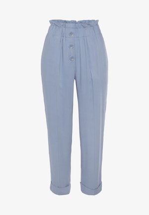 Himmelblaue, plissierte Hosen mit einem Rüschensaum und drei vorderen Knöpfen. Mit Umschlägen und glatter Stoffstruktur.