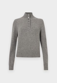 Pull en maille gris avec un col montant côtelé, doté d'une patte de boutonnage partielle et d'une finition côtelée aux ourlets et aux poignets pour un look ajusté.