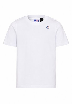 Witte T-shirt met korte mouwen en ronde hals, met klein blauw en rood K-Way-logo op de linkerborst en aan de binnenkant van de kraag.