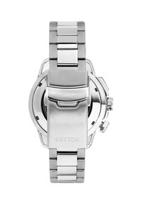 Orologio in acciaio inox argentato con bracciale lucido, cassa rotonda e una chiusura con il logo "SECTOR". Texture dettagliata sul quadrante.