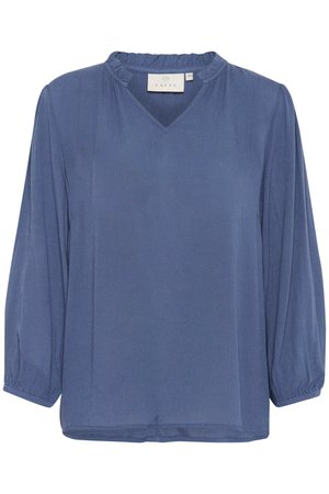 Blusa blu realizzata in tessuto leggero, con scollo a V, colletto arricciato e maniche lunghe con polsini elasticizzati. Texture semplice, design casual.