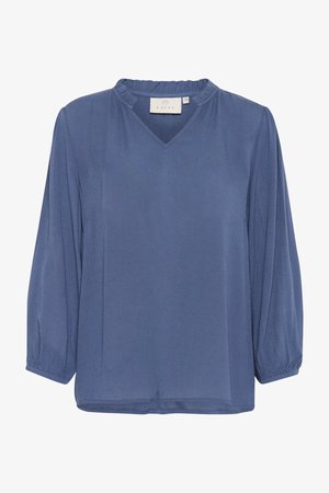 Blusa blu realizzata in tessuto leggero, con scollo a V, colletto arricciato e maniche lunghe con polsini elasticizzati. Texture semplice, design casual.