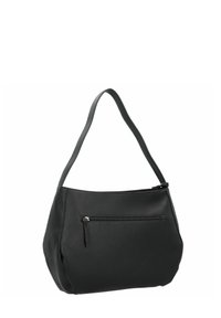 Sac en cuir noir à bandoulière avec une surface texturée, une seule longue sangle et une poche zippée à l'avant pour le rangement.