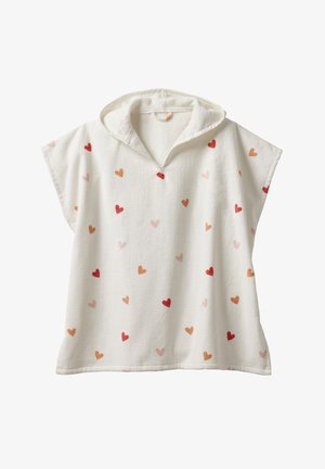 Kapuzenponcho aus weichem weißem Frottee, mit verstreuten Herzen in rot, rosa und orange. Kurze Ärmel und lockere Passform.