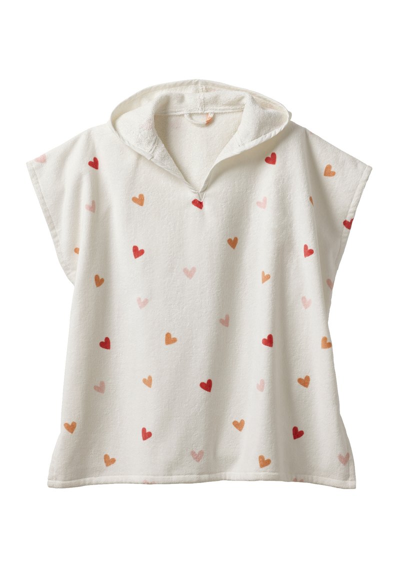Kapuzenponcho aus weichem weißem Frottee, mit verstreuten Herzen in rot, rosa und orange. Kurze Ärmel und lockere Passform.