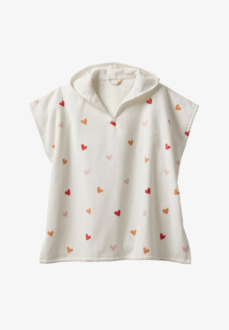 Kapuzenponcho aus weichem weißem Frottee, mit verstreuten Herzen in rot, rosa und orange. Kurze Ärmel und lockere Passform.