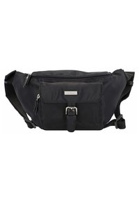 Sac banane noir en nylon avec une poche avant, une fermeture éclair et un accent boucle. Dispose d'une sangle réglable pour un port sécurisé.