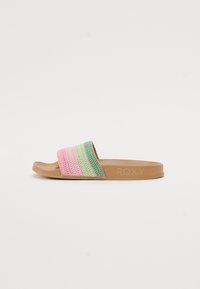 Slide sandal with a woven multicolor strap (pink and green) and a smooth tan sole. Features embossed logo on the side.