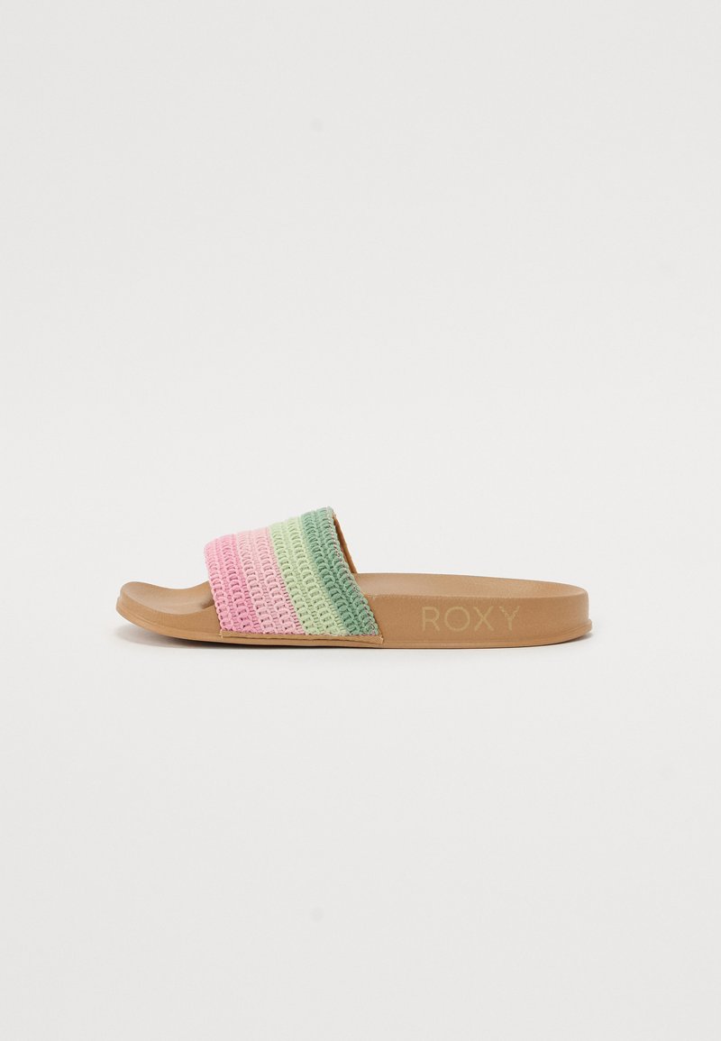 Slide sandal with a woven multicolor strap (pink and green) and a smooth tan sole. Features embossed logo on the side.