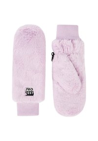 Šviesiai purpurinės dirbtinės odos pirštinės su raukiniais ant rankogalių. Apsuptos mažos juodos etiketės "PROTEST" ir šoniniu užtrauktuku, kad būtų lengviau jas dėvėti. Minkšta tekstūra.