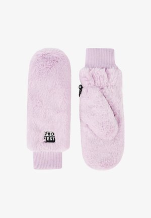 Light purple faux fur mittens with ribbed cuffs. Features a small black "PROTEST" label and a side zipper for easy wear. Soft texture.