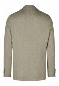 Helle beige Blazer mit strukturierter Oberfläche, strukturiertem Kragen und Ein-Knopf-Manschetten. Verfügt über eine zentrale Naht entlang des Rückens und seitliche Taschen.