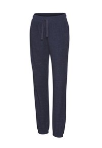 Navyblaue Jogginghosen aus weichem, strukturiertem Stoff. Sie verfügen über einen elastischen Bund mit Kordelzug, schmal zulaufende Beine und seitliche Taschen.