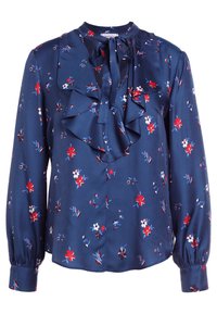 Granatowa bluzka w kwiatowe wzory w czerwieni i bieli. Posiada falbaniasty kołnierz i detal w postaci wiązania. Długie rękawy z marszczonymi mankietami. Jedwabna tekstura.