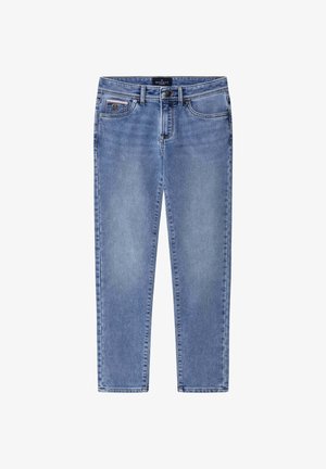 Svetlomodré rifle s rovnými nohavicami, zapínaním na gombík a zips, prednými a mincovými vreckami a jemným vyblednutím na stehnách.