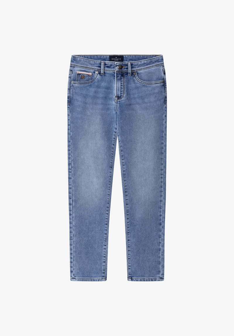 Svetlomodré rifle s rovnými nohavicami, zapínaním na gombík a zips, prednými a mincovými vreckami a jemným vyblednutím na stehnách.