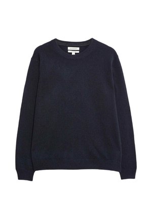 Pullover blu navy a girocollo realizzato in tessuto morbido, con maniche lunghe e un design semplice e pulito, caratterizzato da polsini e orlo a coste.