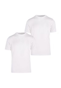 Kaksi yksinkertaista valkoista lyhythihaista crew-neck t-paitaa, toinen hieman toisen takana, valkoista taustaa vasten.