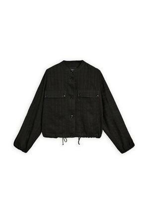 Black cropped jacket made of textured fabric, featuring a button-up front, two chest pockets, and elasticized cuffs with a drawstring hem.