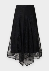 Saia preta de rendas com uma bainha assimétrica e fluida. Apresenta padrões florais intrincados e uma cintura ajustada. Textura leve e transparente.