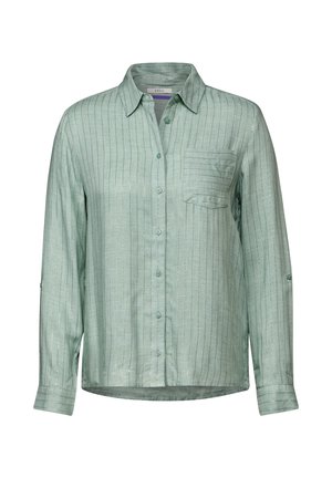 Světle zelená košile, dlouhé rukávy, zapínání na knoflíky, vertikální tenké pruhy, kapsa na levém hrudníku, látka se zdá být lehká s mírným leskem.