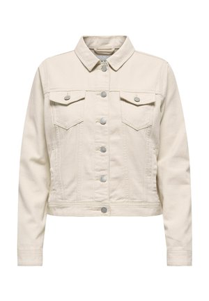 Rózsaszín árnyalatú farmerdzseki hosszú ujjakkal, gombos elülső résszel, két gombos mellkaszsebbel és klasszikus gallérral.