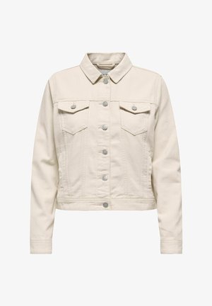 Off-white denimjakke med lange ermer, knappelukking foran, to brystlommer med klaff og knapper, og en klassisk krage.
