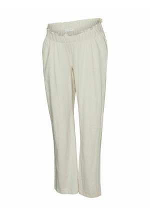 Heledad beežid püksid, millel on lõdvem lõige, elastne ja volangidega vöökoht ning pehme, tekstuuriga kangas. Sirge jalgade disain.