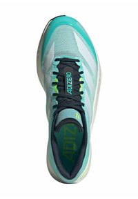 Lightweight running shoe in aqua and gray mesh, featuring black laces, a padded collar, and prominent "ADIZERO" branding on the tongue.