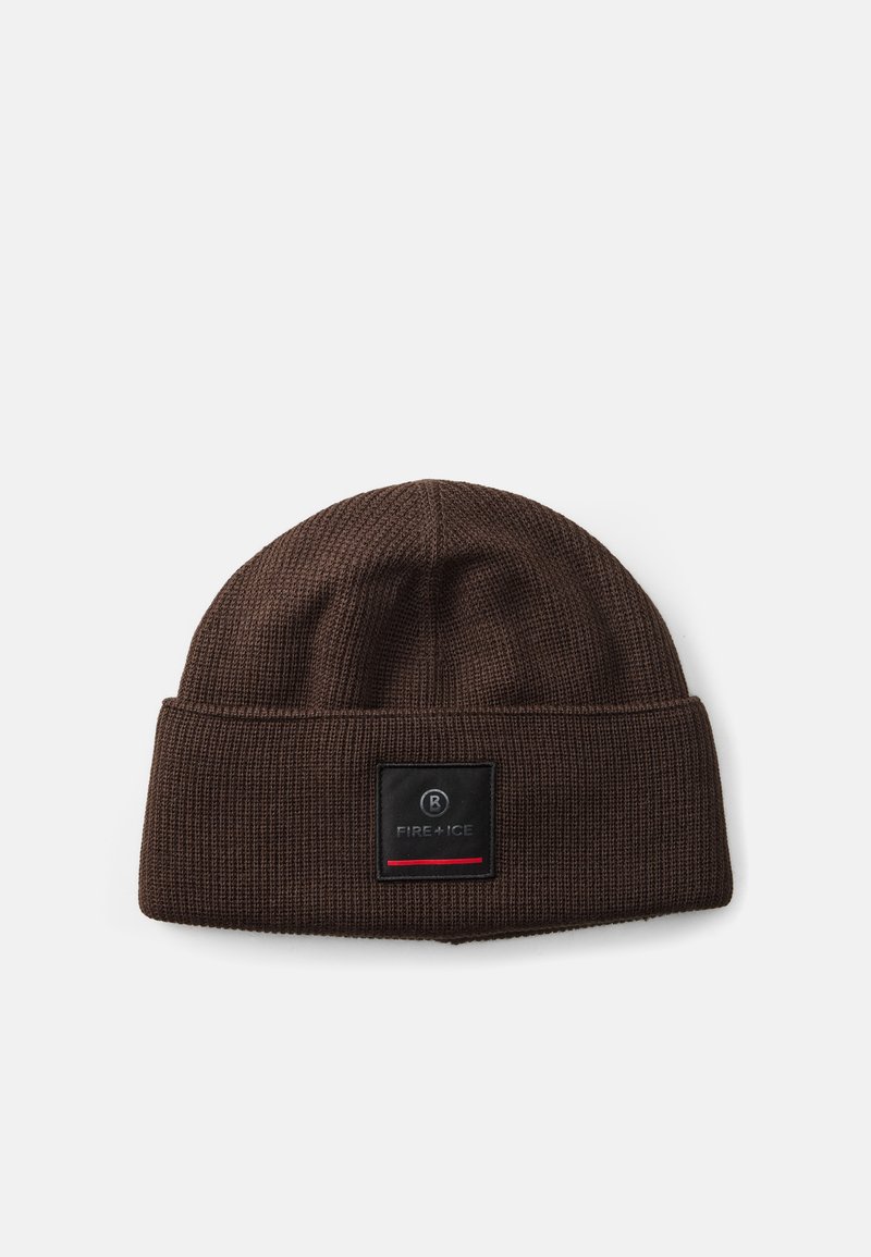 Brown knitted beanie with a ribbed texture. Features a black square patch labeled "FIRE + ICE" with a red accent stripe.