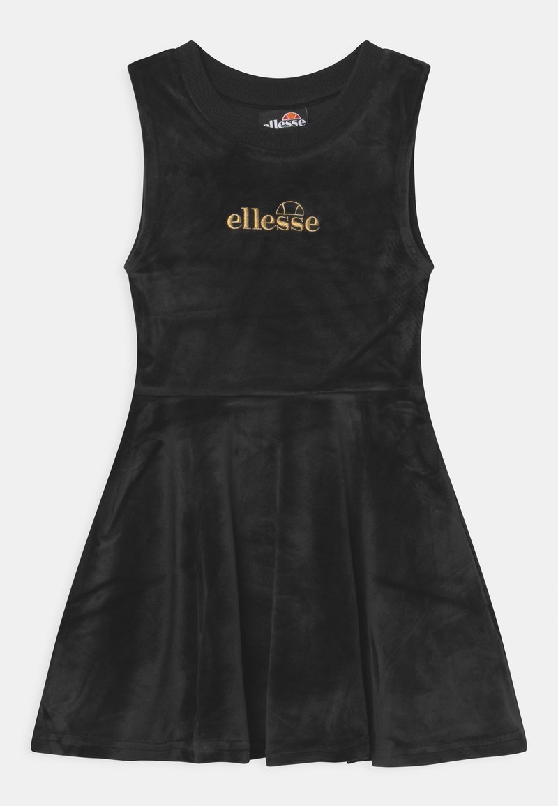 Robe noire sans manches en velours avec jupe évasée et logo doré "ellesse" brodé sur la poitrine.