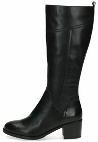 Bota negra de cuero hasta la rodilla con punta redonda y tacón bloque; cuenta con una textura suave y un diseño minimalista con costuras reforzadas.