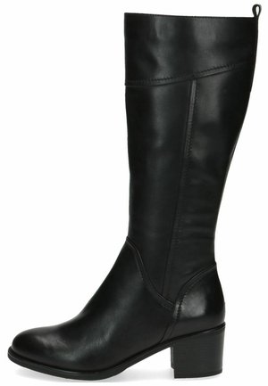 Botte en cuir noir hauteur genou avec un bout rond et un talon carré ; présente une texture lisse et un design minimaliste avec des coutures renforcées.