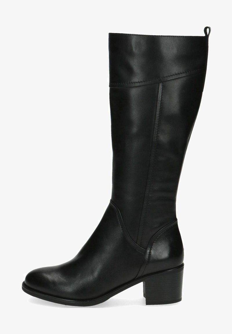 Bota negra de cuero hasta la rodilla con punta redonda y tacón bloque; cuenta con una textura suave y un diseño minimalista con costuras reforzadas.