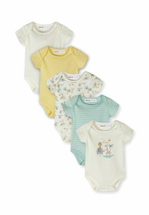Pięć krótkich body dla niemowląt z krótkim rękawem w kolorze kremowym, żółtym, w zwierzęcy wzór, zielone paski oraz kremowe z motywem zwierzątek.