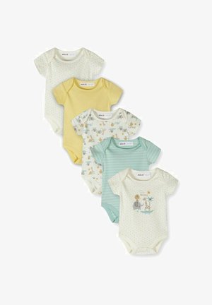 Pet kratkih bodijev z rokavi za dojenčke v barvah smetane, rumene, z živalskim potiskom, zelenih črt in smetane z motivom živalskih prijateljev.