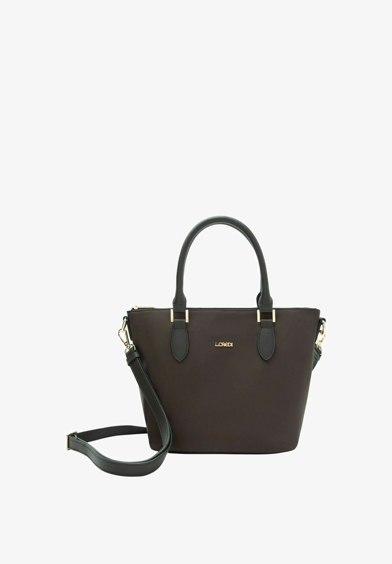 Borsa a mano marrone scuro in materiale sintetico, con doppio manico, cinturino a spalla staccabile, dettagli in tono oro e una texture liscia.