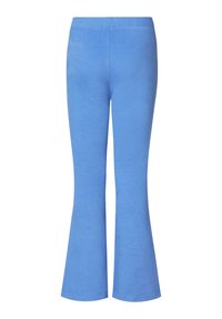 Blauwe katoenen flared broek met een elastische tailleband. Soepele textuur, eenvoudig ontwerp en een zoom die aan de onderkant uitloopt.